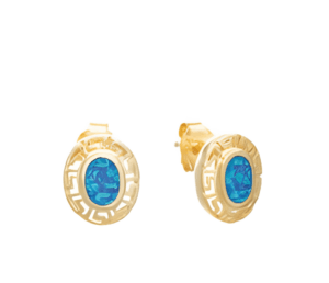 Малки овални позлатени обеци с опал и меандър, тип винт, M  |  Бижута