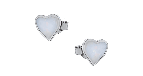 Малки сребърни обеци - сърце с опал, тип винт