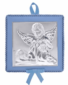 Музикална икона за кръщене на момче, сребърно покритие, Ангел и бебе Исус
