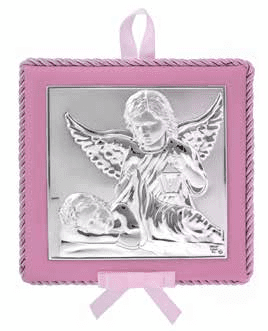 Музикална икона за кръщене на момиче, сребърно покритие, Ангел и бебе Исус