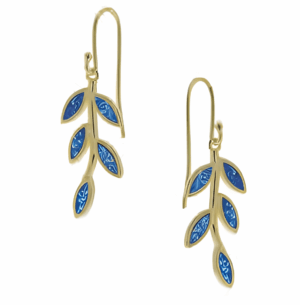 Позлатени сребърни висящи обеци с опал "Изящна маслинова клонка", тип кука - Image 1