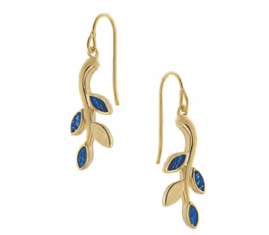 Позлатени сребърни висящи обеци с опал „Маслинова клонка“, тип кука  |  Бижута