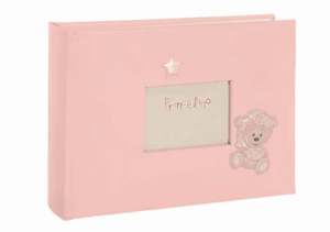 Розов детски албум за снимки със сребърна рамка и декорация мече  |  Детски албуми за снимки