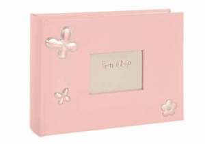 Розов детски албум за снимки със сребърна рамка и декорация  |  Детски албуми за снимки