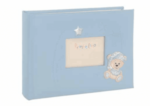 Син детски албум за снимки със сребърна рамка и декорация мече  |  Детски албуми за снимки
