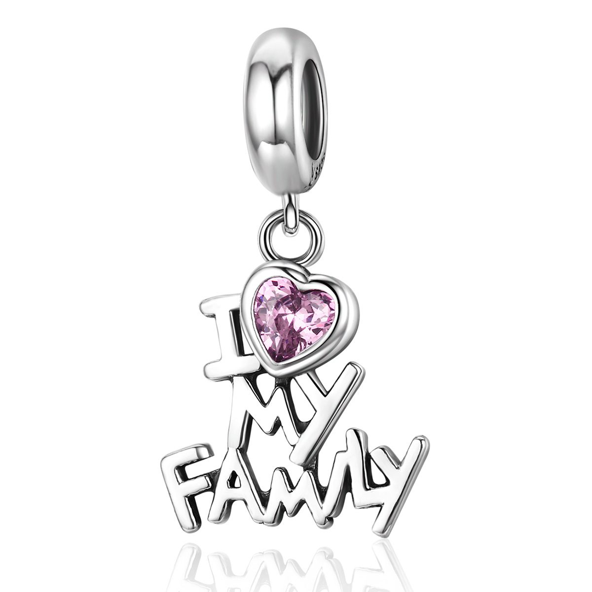 Сребърна висулка "Аз обичам своето семейство с розово сърце"