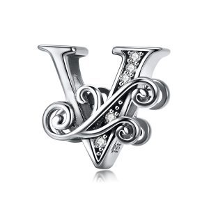 Сребърна висулка с монограм "Буква "V" с орнаменти"