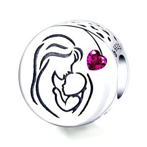 Сребърна висулка "Сребърна майка с бебе и червено сърце"