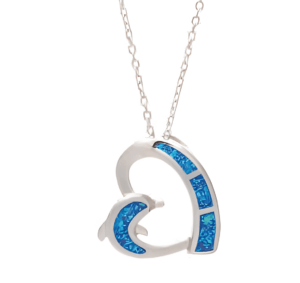 Сребърно колие с висулка сърце с делфин и опал | HappyMarket.bg Сребърно колие с висулка сърце с делфин и опал | Бижута