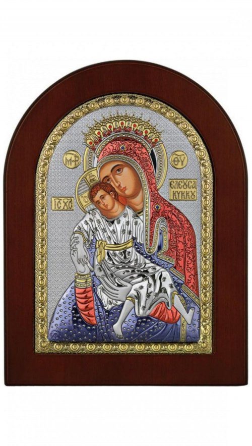 Сребърна цветна икона на Пресвета Богородица "Милостива (Кикска, Кикотиса)", 15x21см
