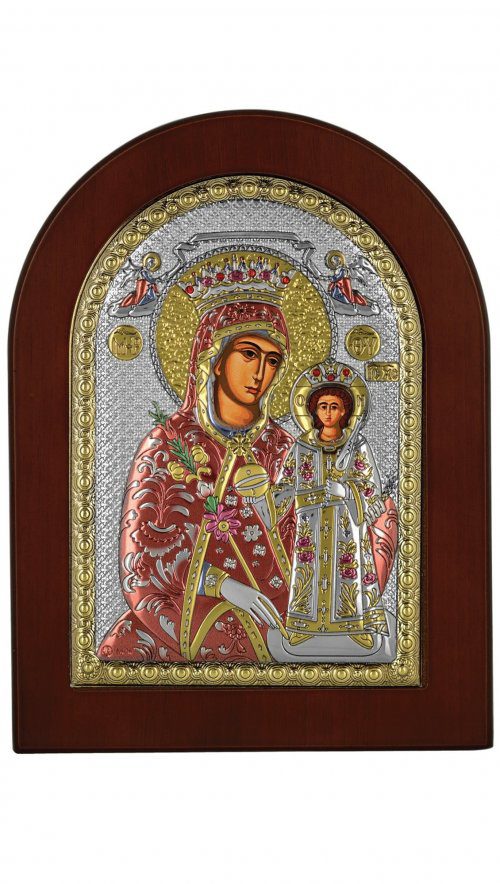 Сребърна икона цветна Богородица Неувяхваща Роза, 7.5x9.5см