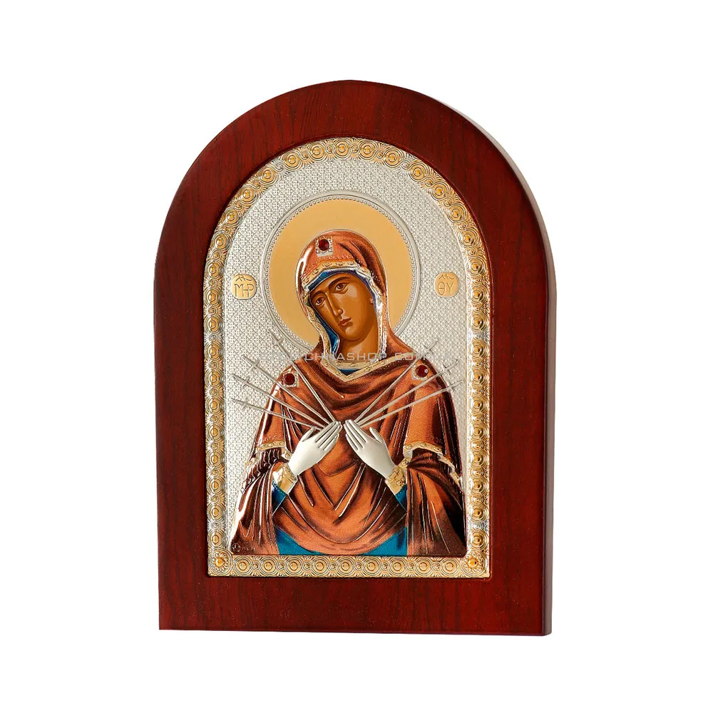 Сребърна икона, цветна, с магнит на Света Богородица Седмострелна, 4х6см