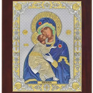 Сребърна цветна икона Дева Мария на Владимир, 18x22см