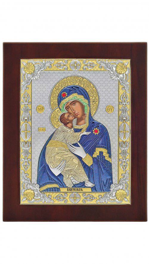 Сребърна цветна икона Дева Мария на Владимир, 20x26см