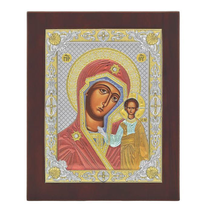 Сребърна цветна икона Казанска Богородица, 20x26см
