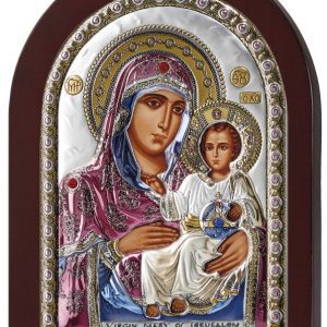 Сребърна икона с магнит на Йерусалимска Богородица, цветна, 4x6см