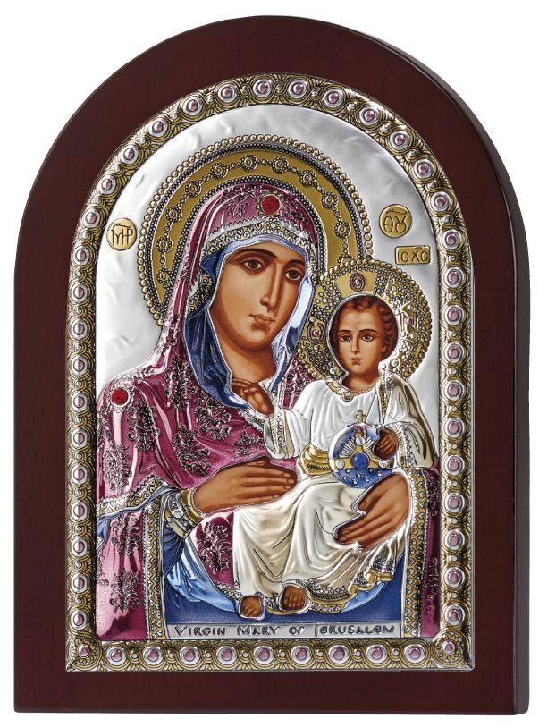 Сребърна икона на Йерусалимска Богородица, цветна, 15x21см