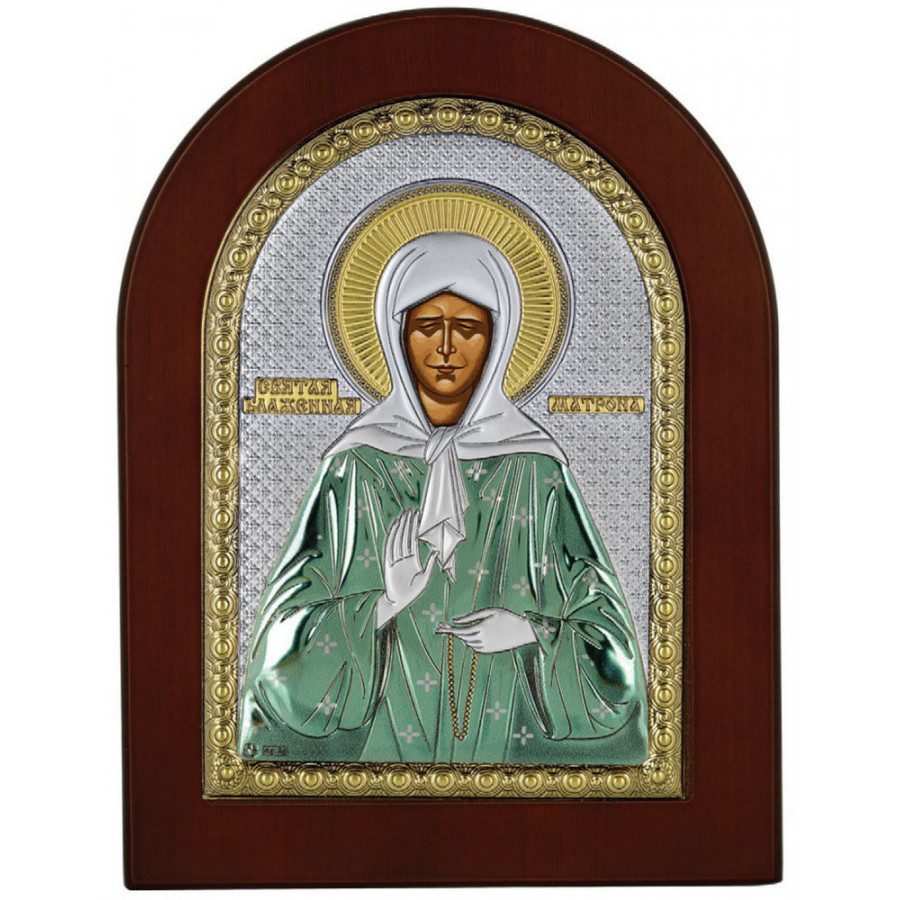 Сребърна цветна икона Света Матрона Московска, 7.5х9.5см