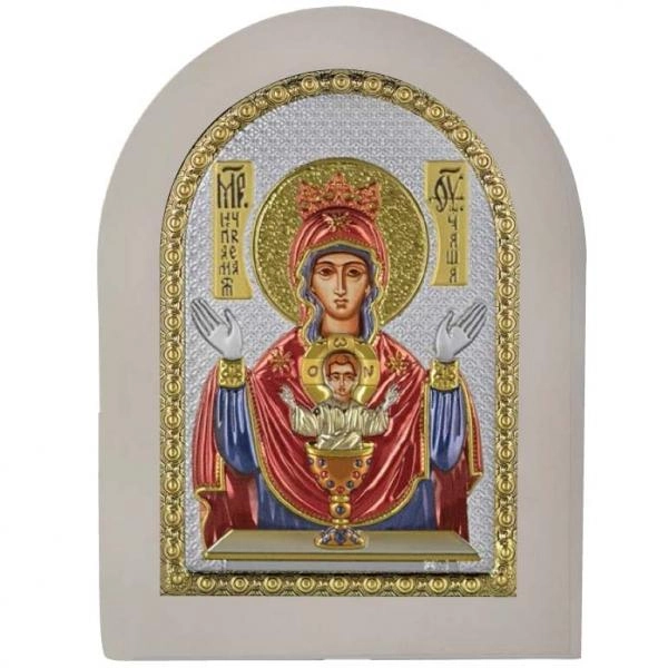 Сребърна цветна икона на Света Богородица Неупеваема чаша, с бяла рамка, 15х21см
