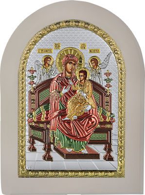 Сребърна цветна икона с бяла рамка на Света Богородица Всецарица, 15x21см