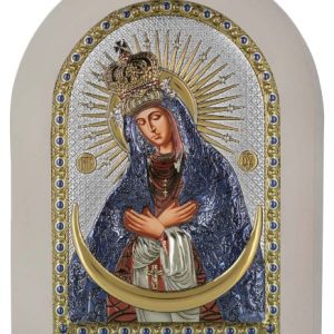 Сребърна цветна икона в бяла рамка Богородица Остробрамска, 10x14см