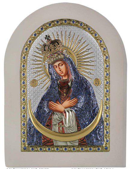 Сребърна цветна икона в бяла рамка Богородица Остробрамска, 15x21см