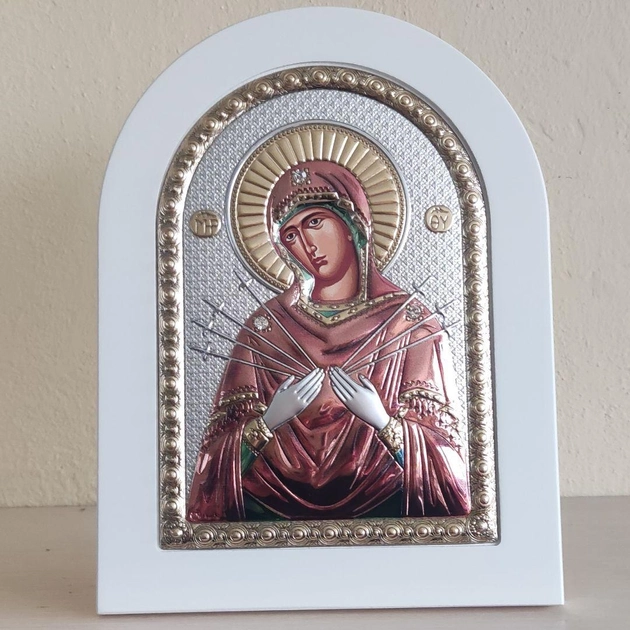Сребърна икона, цветна, с магнит и бяла рамка на Света Богородица Седмострелна, 4х6см