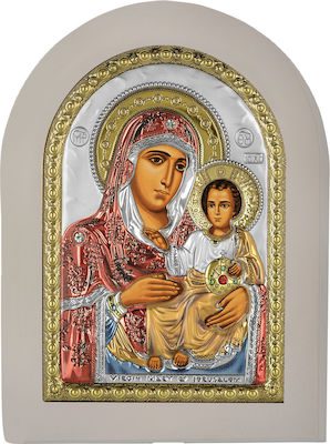 Сребърна икона на Йерусалимска Богородица, цветна с дървена бяла рамка, 25x33см