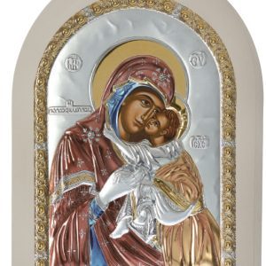 Сребърна икона с цвят и бяло дърво Света Богородица Умиление, 10х14см