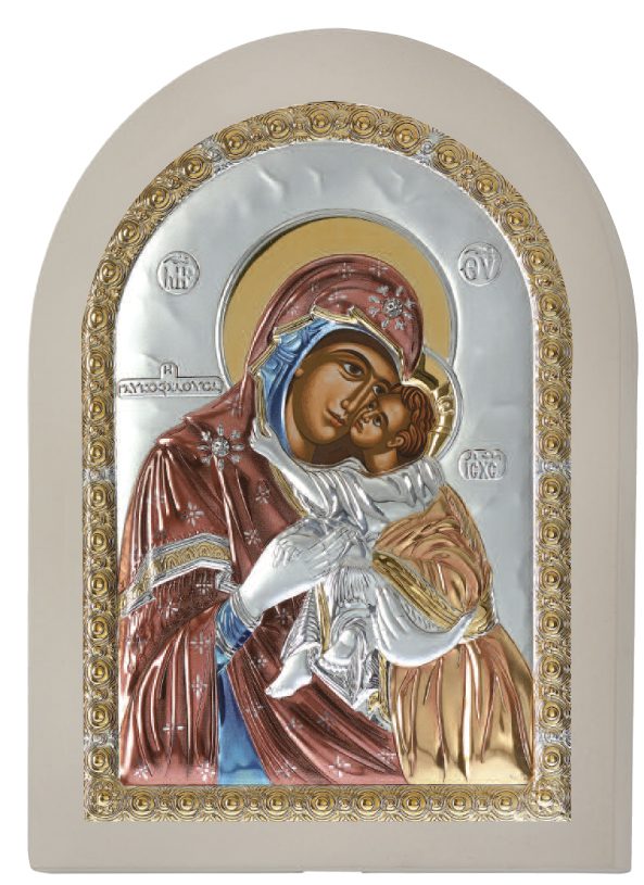 Сребърна икона с цвят и бяло дърво Света Богородица Умиление, 10х14см