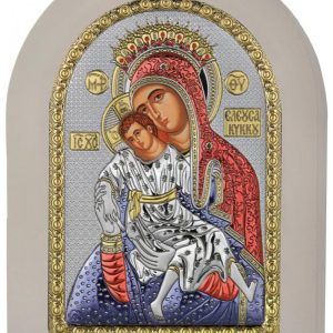 Сребърна цветна икона с бяла рамка на Пресвета Богородица "Милостива (Кикска, Кикотиса)", 15x21см