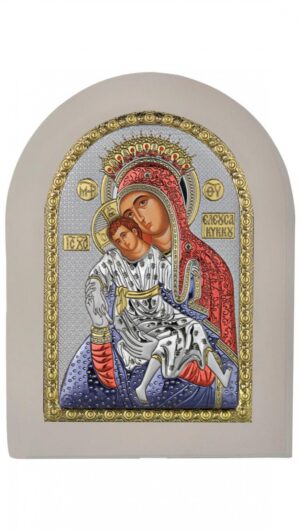 Сребърна цветна икона с бяла рамка на Пресвета Богородица „Милостива (Кикска, Кикотиса)“, 10×14см  |  Икони