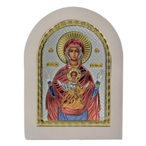 Сребърна икона с цвят върху бяла дърво Света Богородица от Цамбика, 10×14см  |  Икони