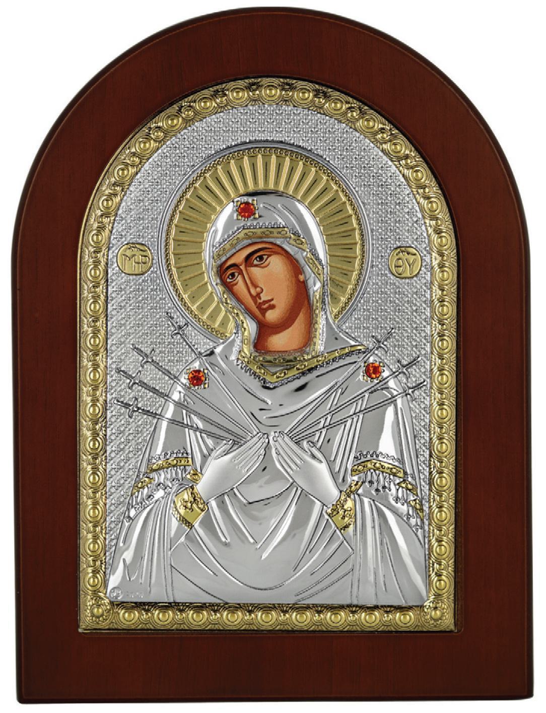 Сребърна икона на Света Богородица Седмострелна, 15x21см