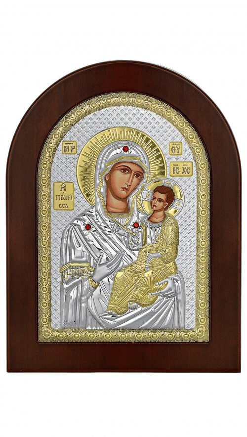 Сребърна икона с рамка тип арка Св.Богородица Гиатрица(Изцелителка), 10x14см