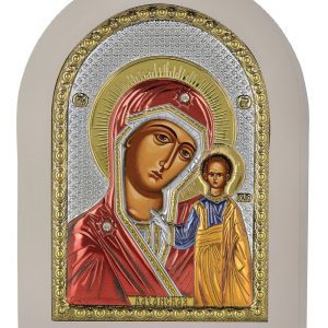 Сребърна икона с цвят и бяла рамка Казанска Богородица, 15x21см