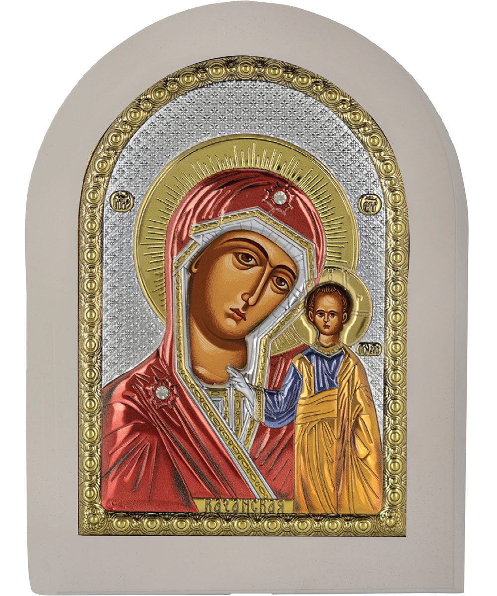 Сребърна икона с цвят и бяла рамка Казанска Богородица, 15x21см