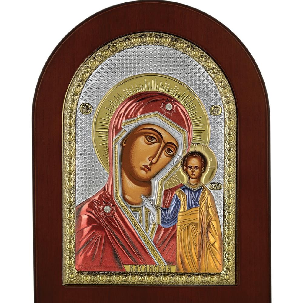 Сребърна икона с цвят с Казанска Богородица, 10x14см