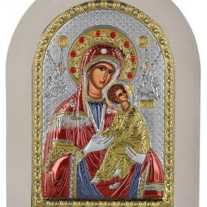Сребърна икона с цвят и бяла рамка - Богородица Амолинтос