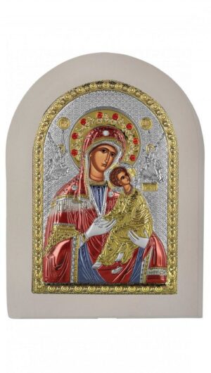 Сребърна икона с цвят и бяла рамка - Богородица Амолинтос