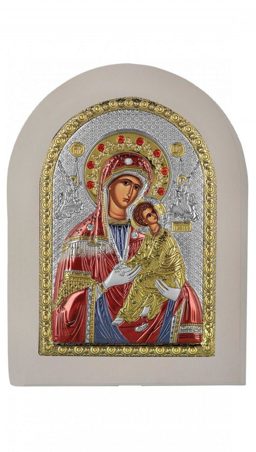 Сребърна икона с цвят и бяла рамка - Богородица Амолинтос