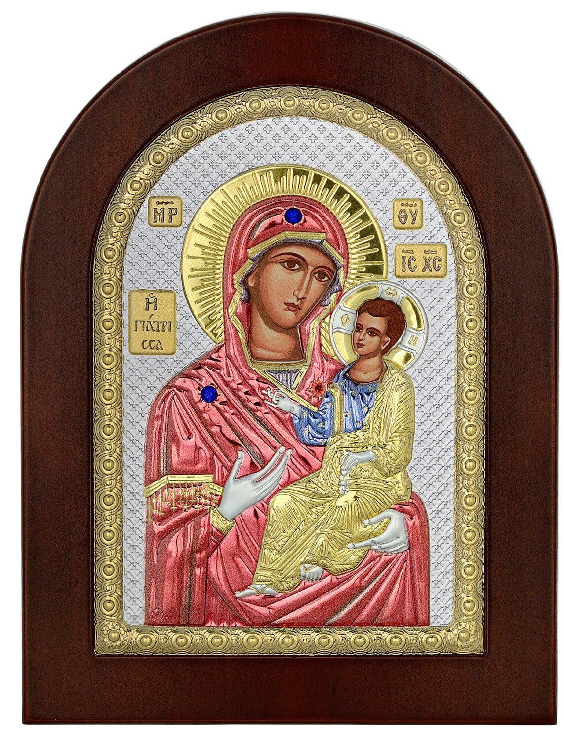 Сребърна икона с розово злато и рамка тип арка Св.Богородица Гиатрица(Изцелителка), 10x14см