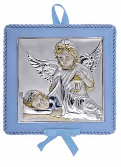 Музикална икона за кръщене на момче, сребърно покритие и златни елементи, Ангел Пазител