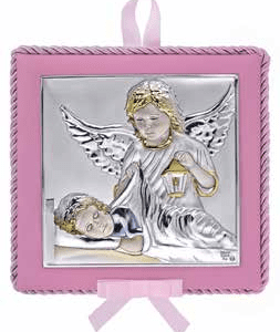 Музикална икона за кръщене на момиче, сребърно покритие и златни елементи, Ангел пазител