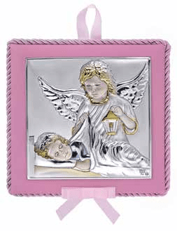 Музикална икона за кръщене на момиче, сребърно покритие и златни елементи, Ангел пазител