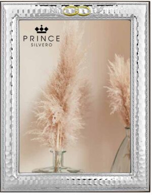 Сватбена фоторамка със сребърно покритие за снимка и с декоративен елемент златни халки с размери 13х18см  |  Рамки за снимки