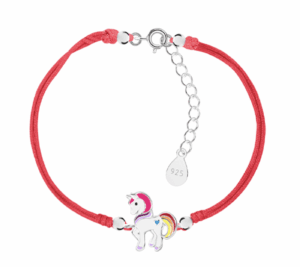 Детска сребърна гривна с червен конец Щастлив червен еднорог  |  Детски бижута