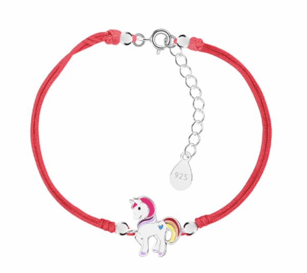 Детска сребърна гривна с червен конец Щастлив червен еднорог  |  Детски бижута