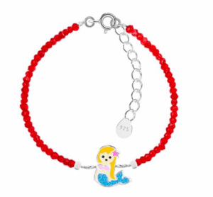 Детска сребърна гривна с червени кристални камъни Синя русалка  |  Детски бижута
