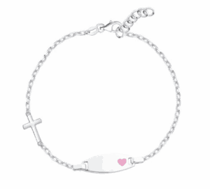 Детска сребърна гривна с кръстче и гравирана плочка Розово сърце  |  Детски бижута